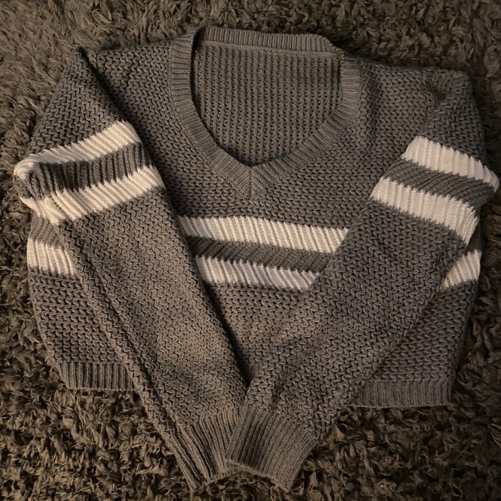 Grey Striped Crop Top Sweater